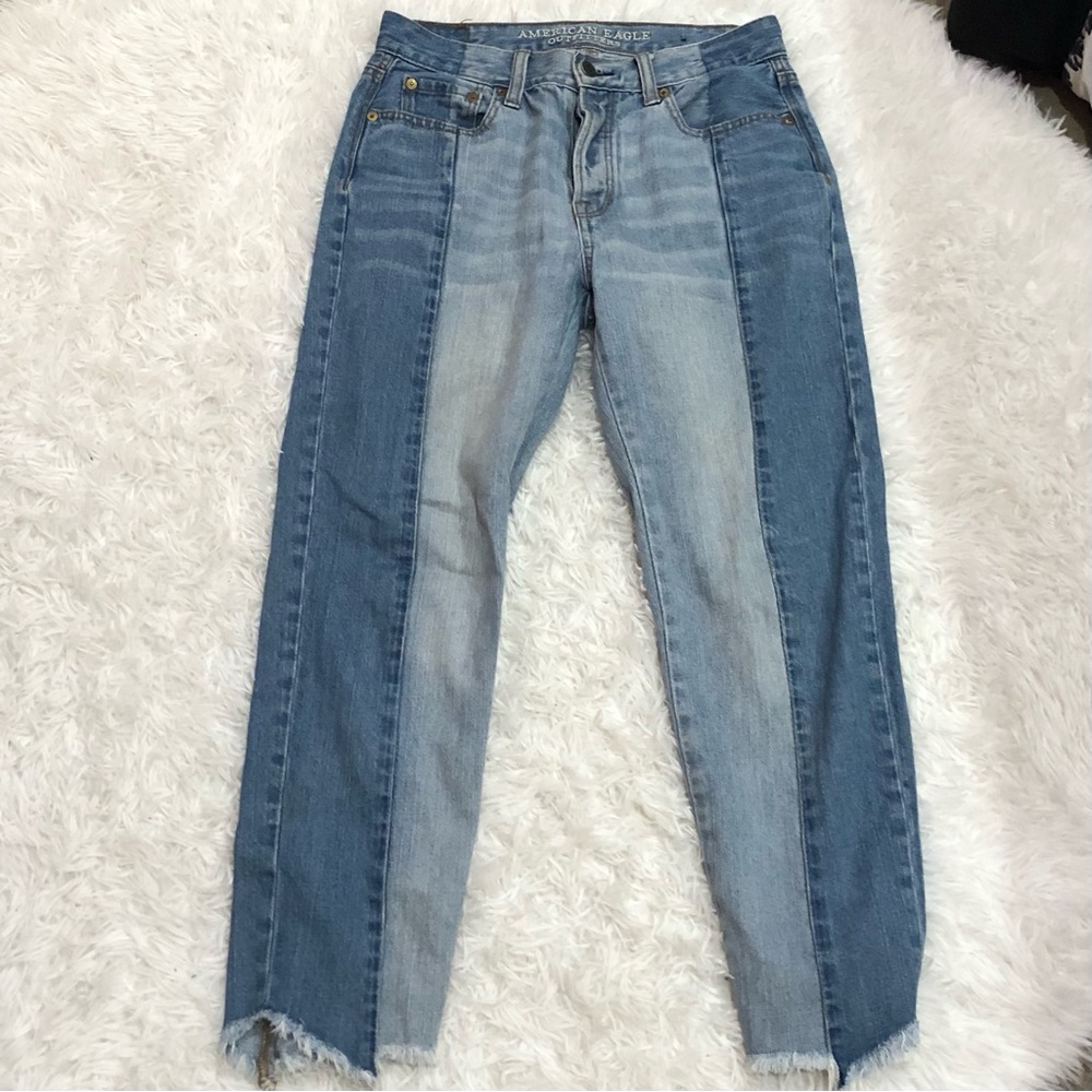 American Eagle Vintage High Rise Two Tone Fringe‎ Button Fly Jeans 4 - Picture 3 of 9